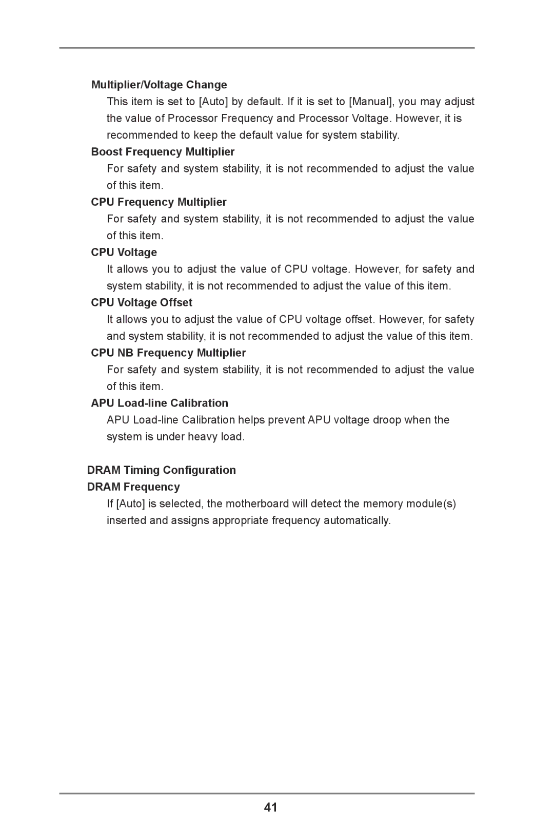 ASRock FM2A75M-ITX R2.0 manual Multiplier/Voltage Change, Boost Frequency Multiplier, CPU Frequency Multiplier, CPU Voltage 