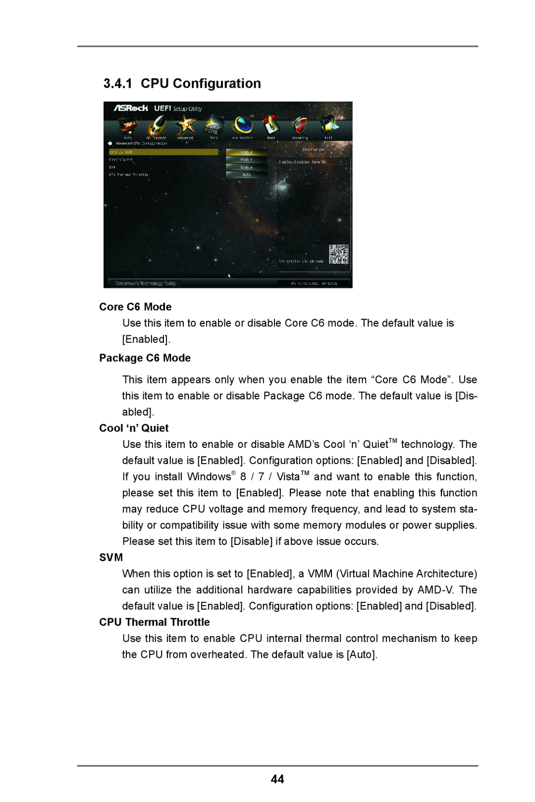 ASRock FM2A75M-ITX R2.0 manual CPU Configuration, Core C6 Mode, Package C6 Mode, Cool ‘n’ Quiet, CPU Thermal Throttle 