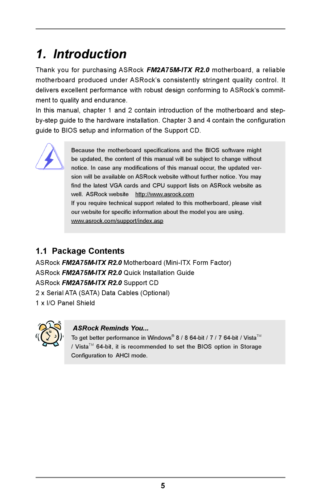 ASRock FM2A75M-ITX R2.0 manual Introduction, Package Contents 