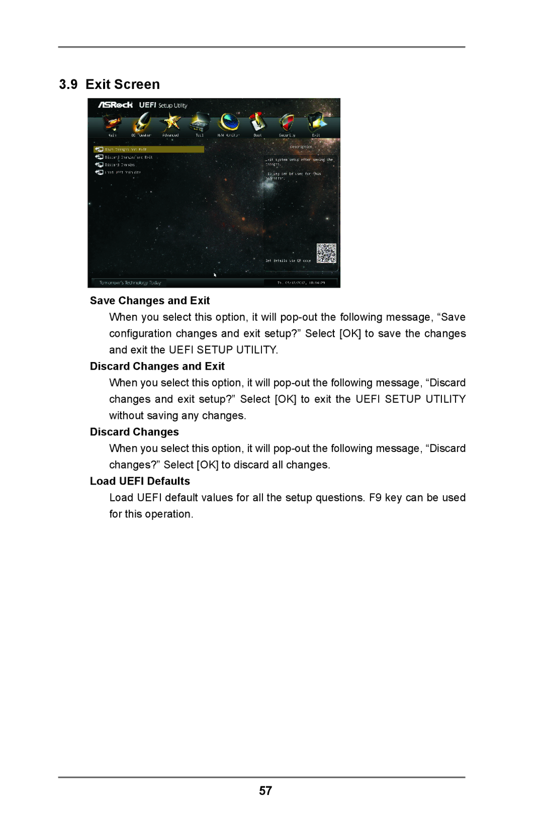 ASRock FM2A75M-ITX R2.0 manual Exit Screen, Save Changes and Exit, Discard Changes and Exit, Load Uefi Defaults 