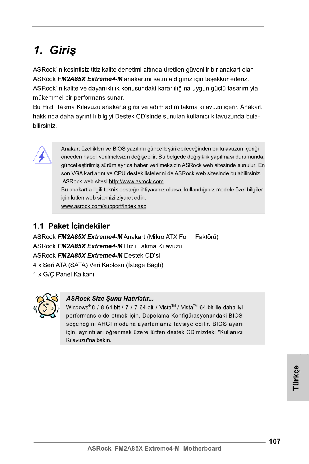 ASRock FM2A85X Extreme4-M manual Giriş, Paket İçindekiler, Türkçe, 107 