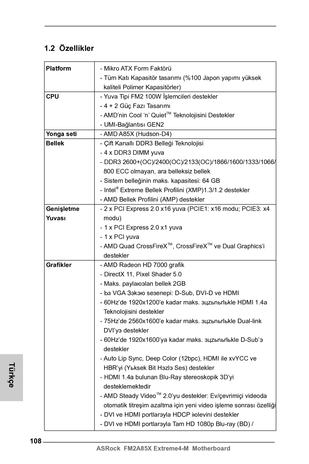 ASRock FM2A85X Extreme4-M manual Özellikler, 108 