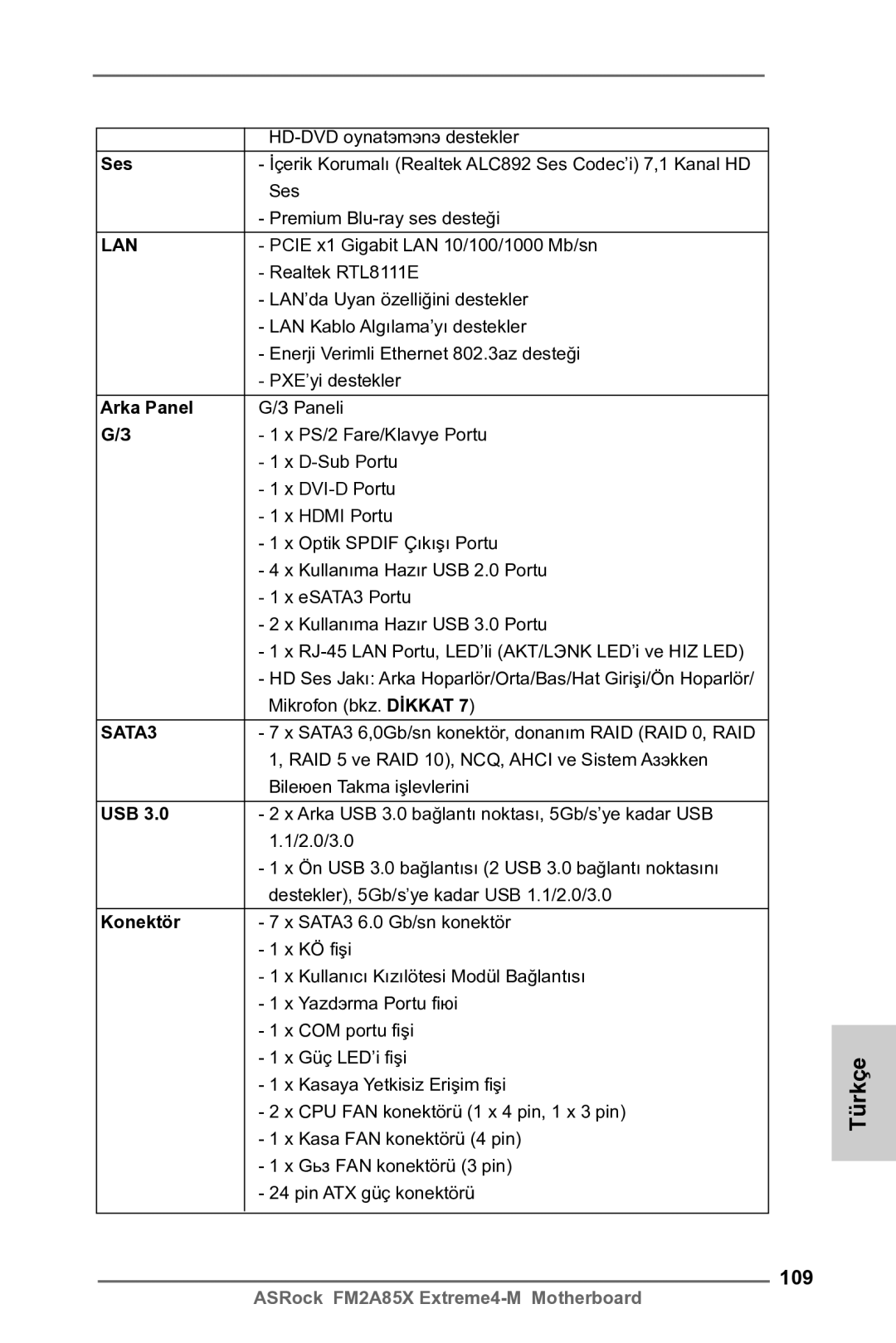 ASRock FM2A85X Extreme4-M manual 109, Ses, Arka Panel, Konektör 