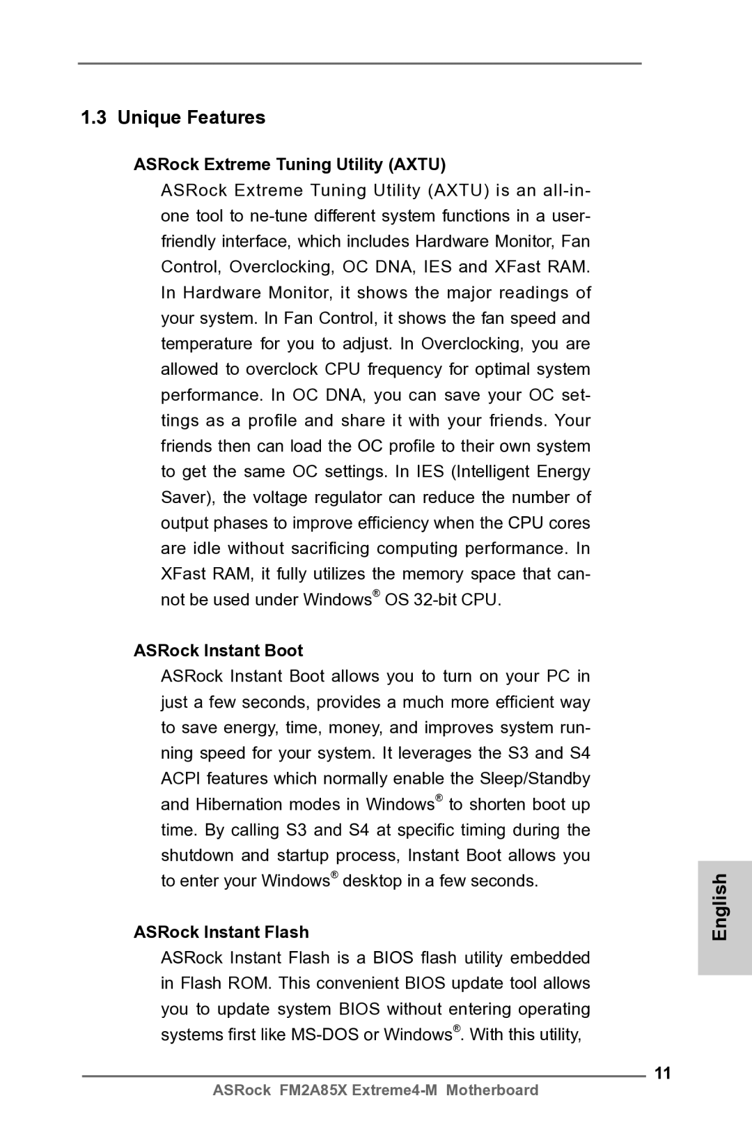 ASRock FM2A85X Extreme4-M Unique Features, ASRock Extreme Tuning Utility Axtu, ASRock Instant Boot, ASRock Instant Flash 