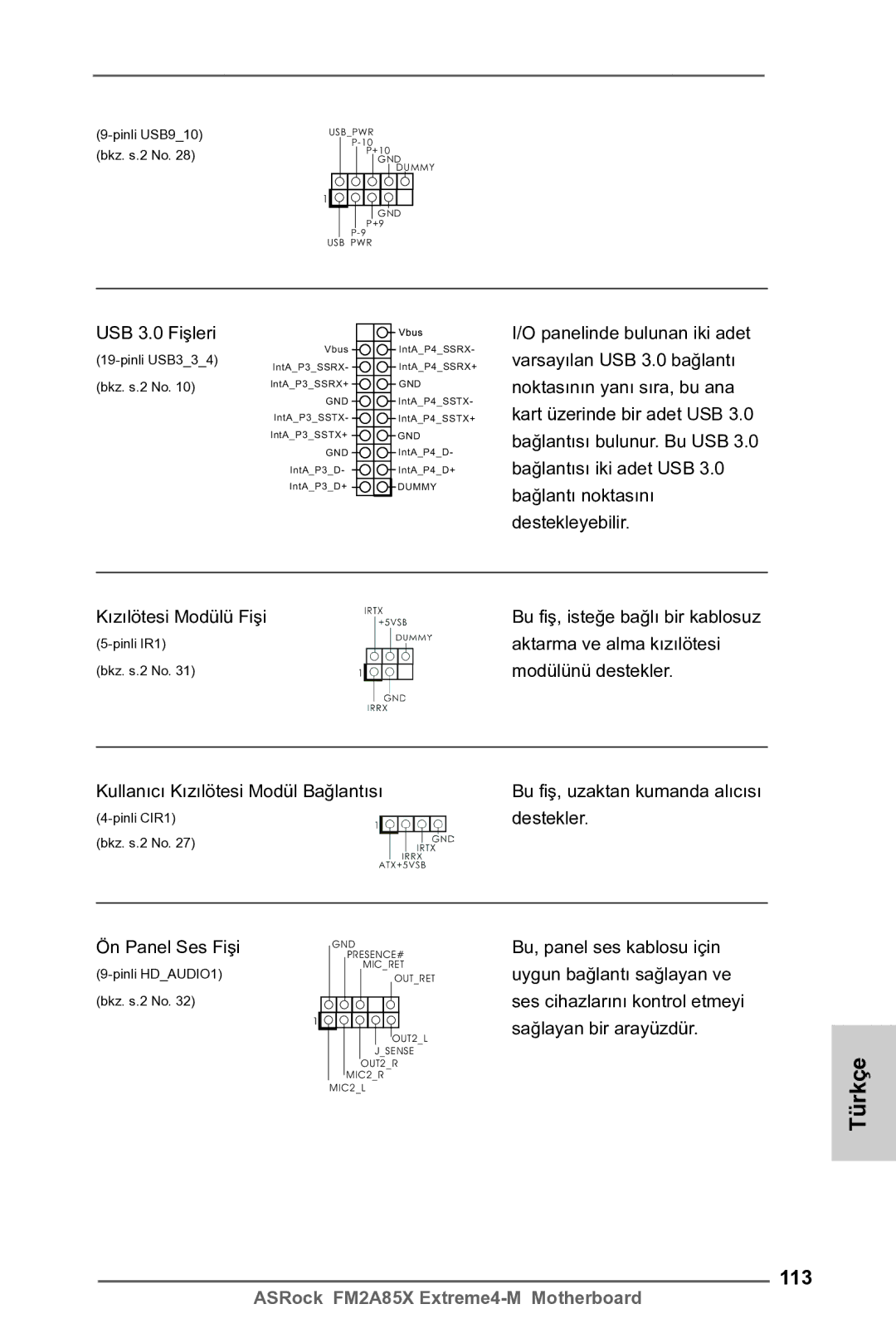 ASRock FM2A85X Extreme4-M manual 113, USB 3.0 Fişleri, Aktarma ve alma kızılötesi, Modülünü destekler, Ön Panel Ses Fişi 