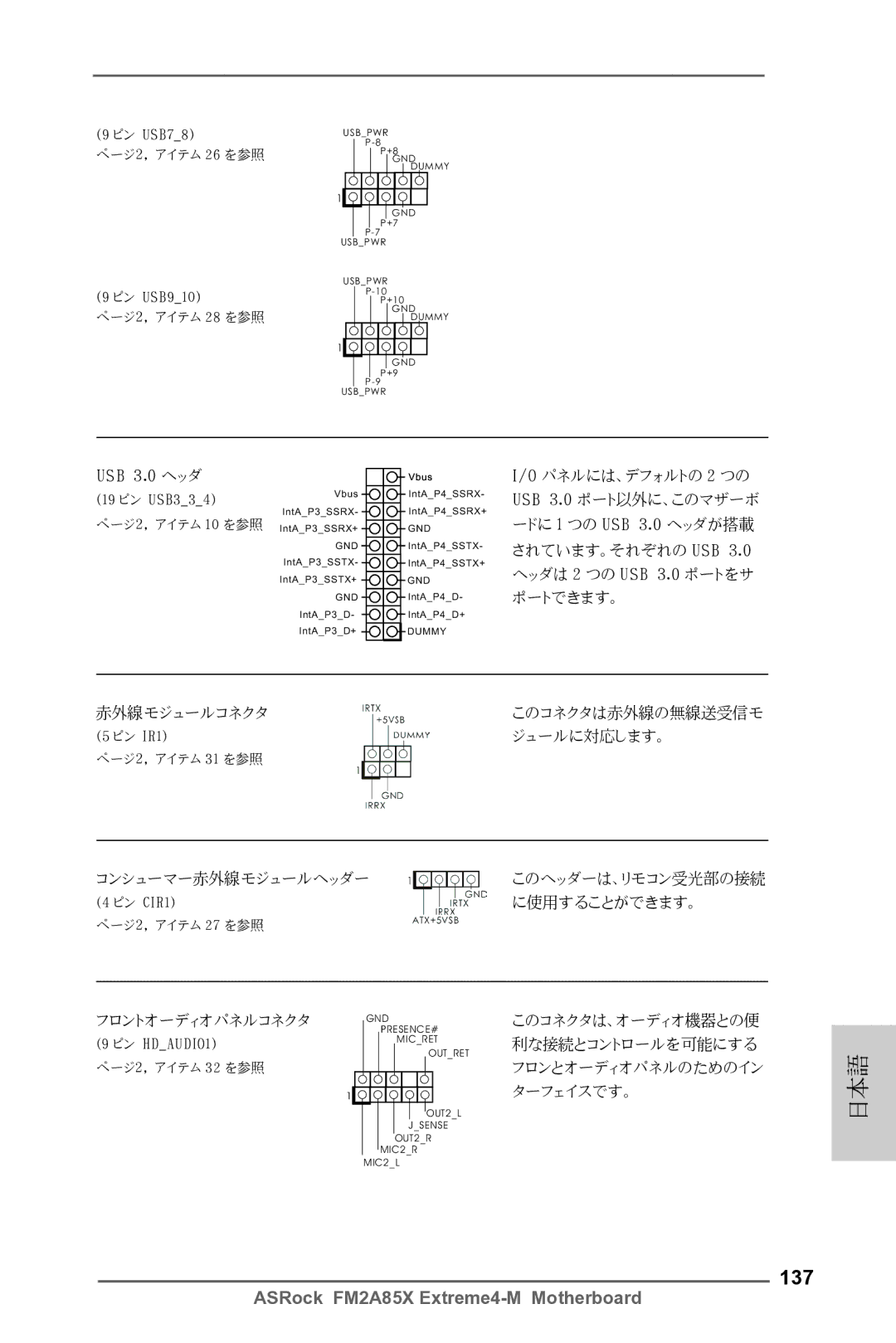 ASRock FM2A85X Extreme4-M manual 137, USB 3.0 ヘッダ 