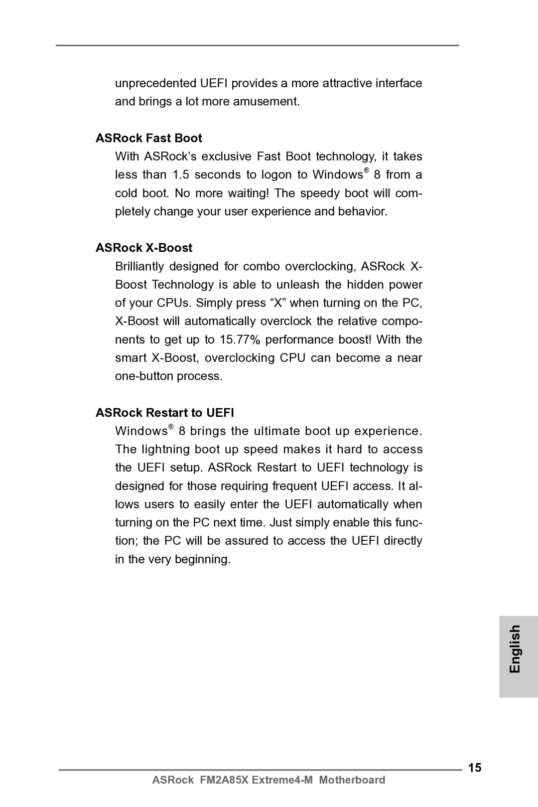ASRock FM2A85X Extreme4-M manual ASRock Fast Boot, ASRock X-Boost, ASRock Restart to Uefi 
