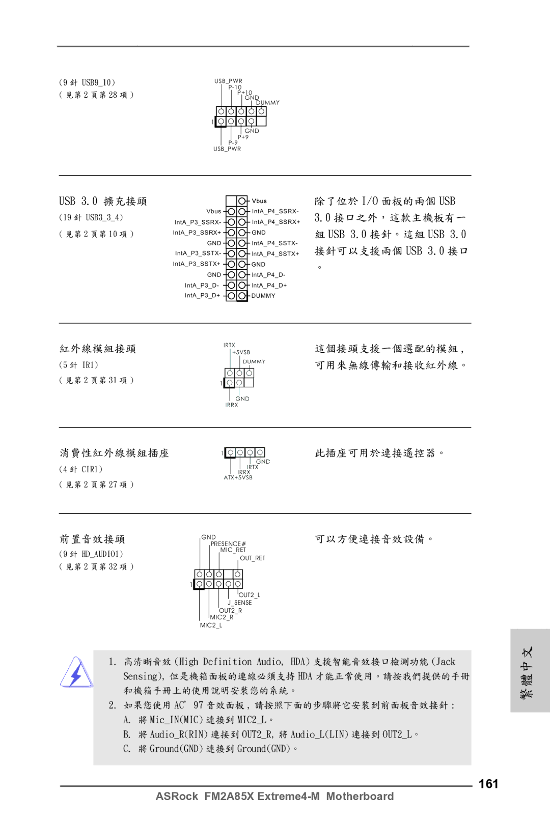 ASRock FM2A85X Extreme4-M manual 161, USB 3.0 擴充接頭 