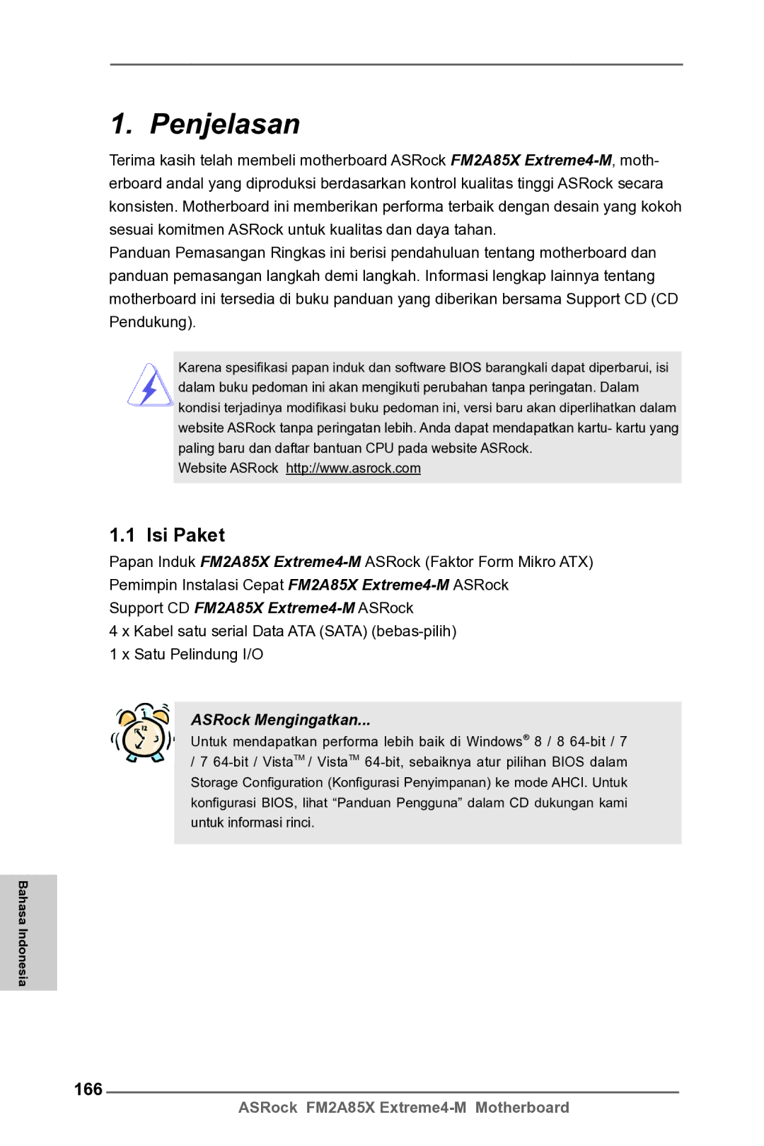 ASRock FM2A85X Extreme4-M manual Penjelasan, Isi Paket, 166, Bahasa Indonesia 