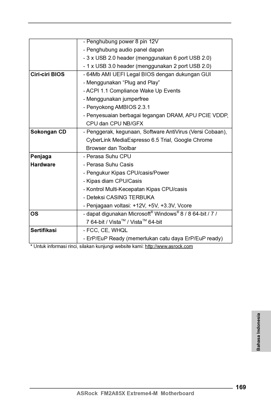 ASRock FM2A85X Extreme4-M manual 169, Ciri-ciri Bios, Sokongan CD, Penjaga, Sertifikasi 