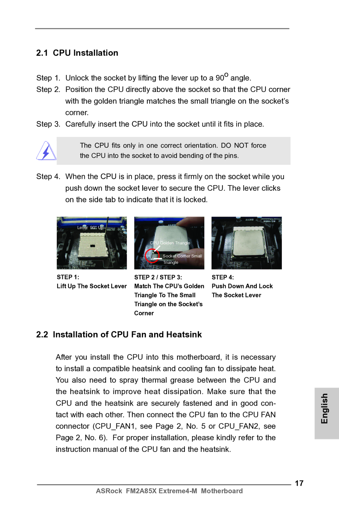 ASRock FM2A85X Extreme4-M manual CPU Installation, Installation of CPU Fan and Heatsink English, Step 