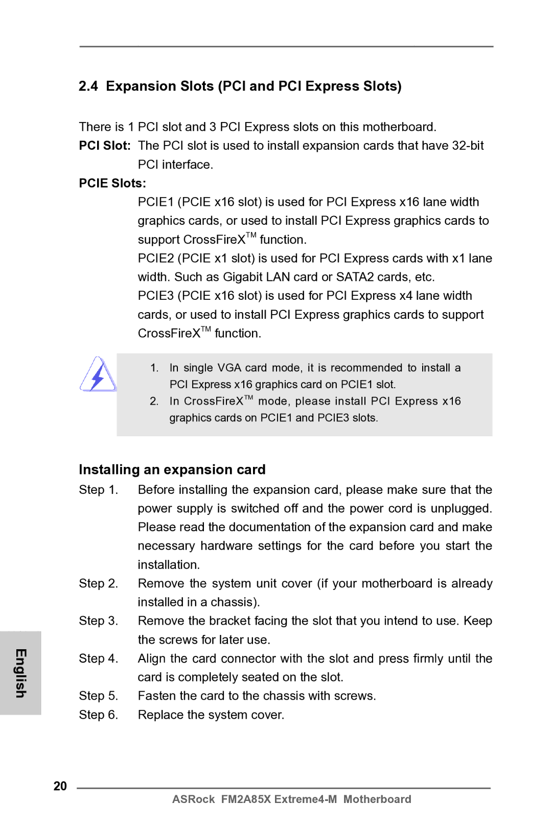 ASRock FM2A85X Extreme4-M English Expansion Slots PCI and PCI Express Slots, Installing an expansion card, Pcie Slots 