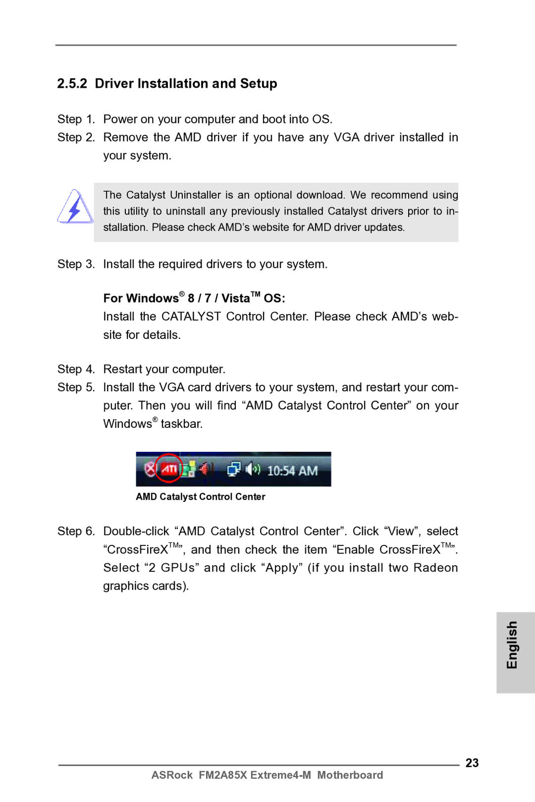 ASRock FM2A85X Extreme4-M manual Driver Installation and Setup, For Windows 8 / 7 / VistaTM OS, AMD Catalyst Control Center 