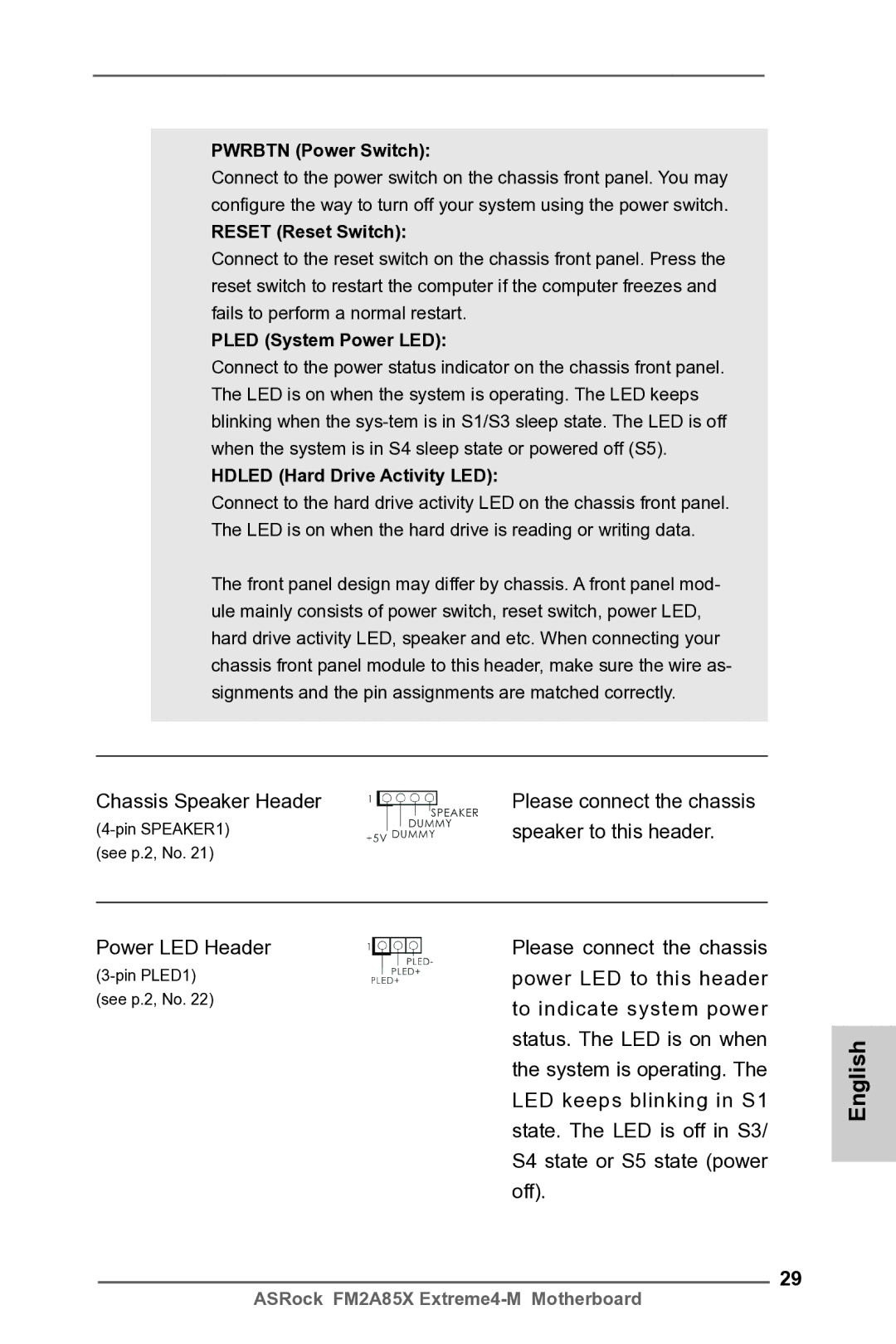 ASRock FM2A85X Extreme4-M Pwrbtn Power Switch, Reset Reset Switch, Pled System Power LED, Hdled Hard Drive Activity LED 