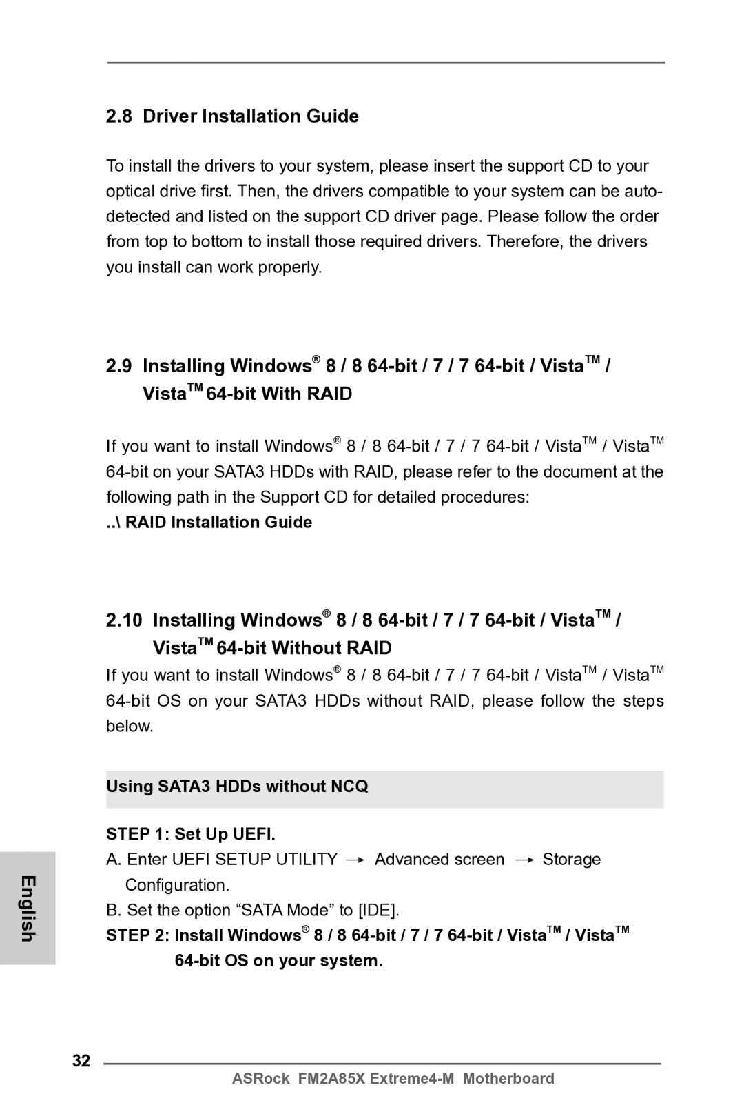 ASRock FM2A85X Extreme4-M Driver Installation Guide, RAID Installation Guide, Using SATA3 HDDs without NCQ Set Up Uefi 