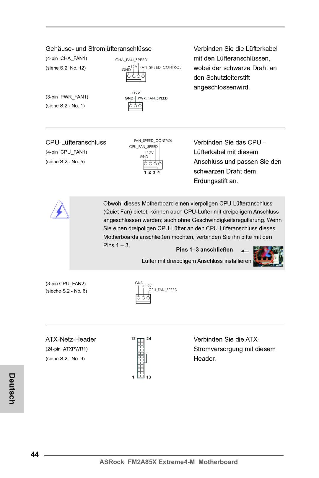 ASRock FM2A85X Extreme4-M manual Gehäuse- und Stromlüfteranschlüsse, ATX-Netz-Header 