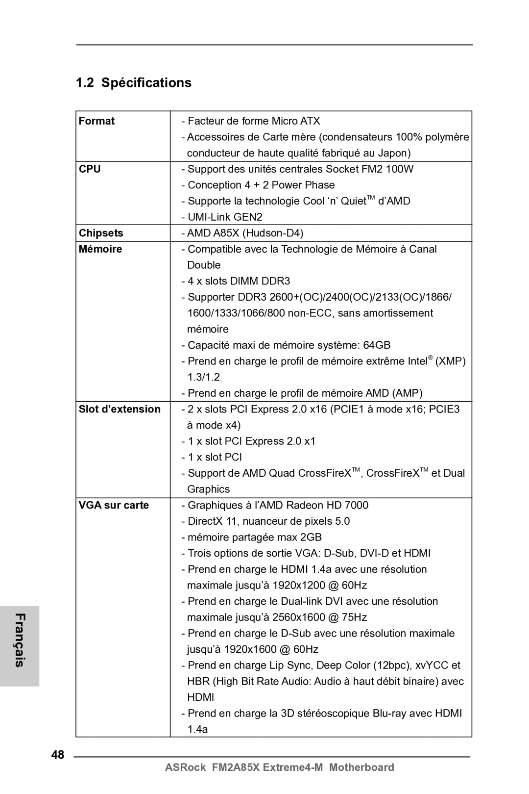 ASRock FM2A85X Extreme4-M manual Français Spécifications 