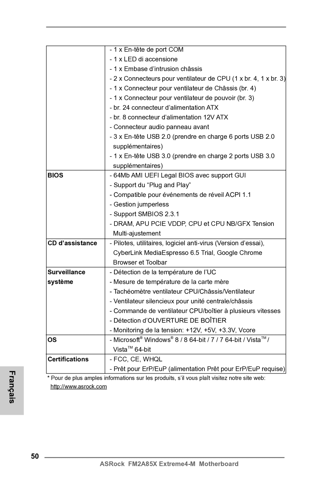 ASRock FM2A85X Extreme4-M manual CD d’assistance, Surveillance, Système, Certifications 