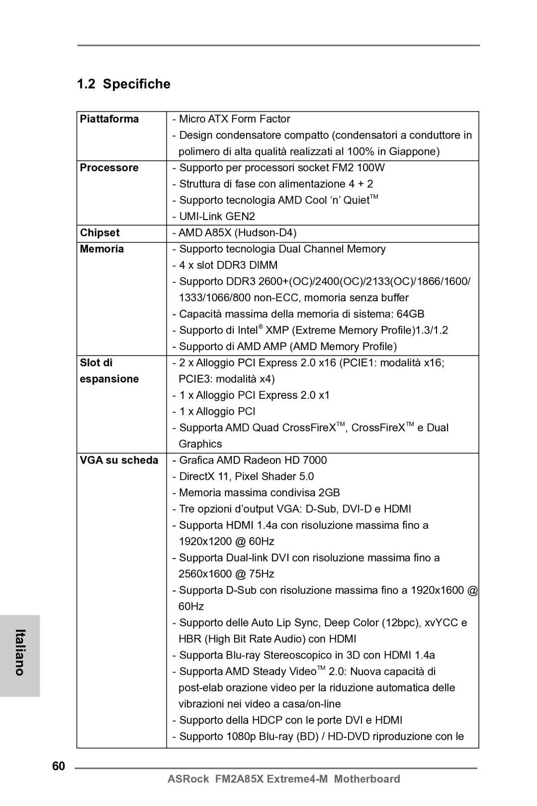 ASRock FM2A85X Extreme4-M manual Italiano Specifiche 