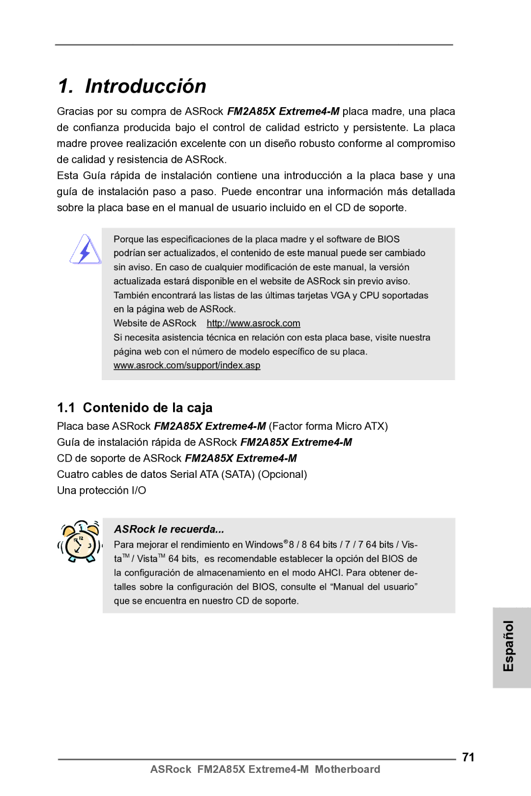 ASRock FM2A85X Extreme4-M manual Introducción, Contenido de la caja, Español 