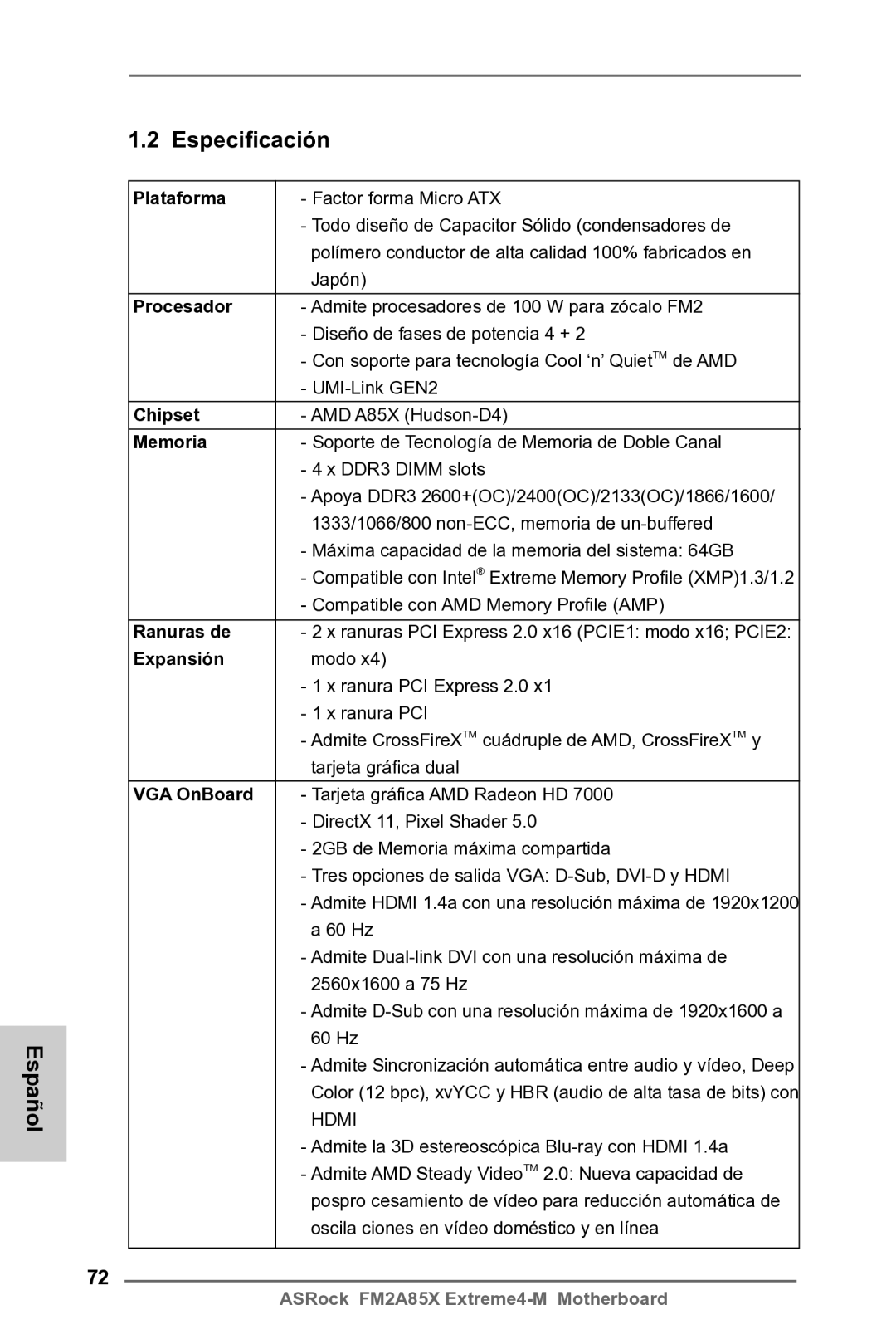 ASRock FM2A85X Extreme4-M manual Español Especificación 