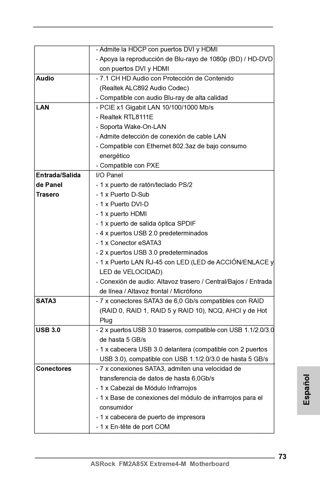 ASRock FM2A85X Extreme4-M manual Entrada/Salida, De Panel, Trasero, Conectores 