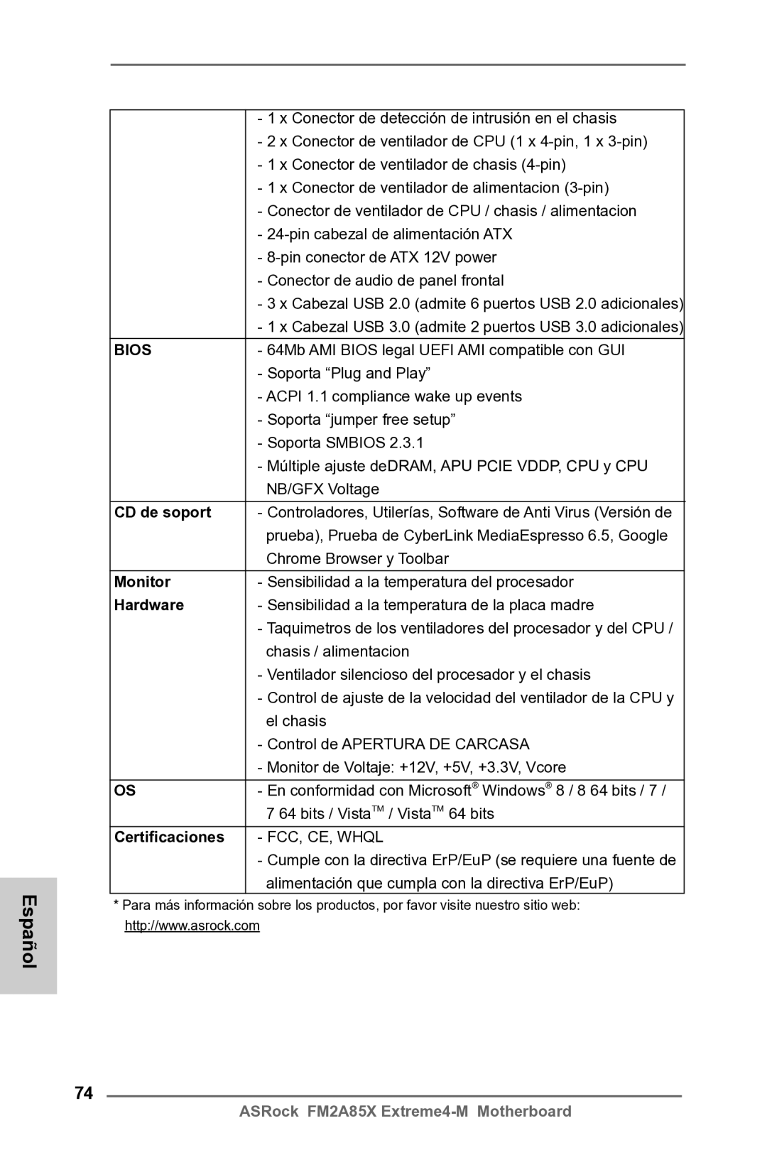 ASRock FM2A85X Extreme4-M manual CD de soport, Monitor, Certificaciones 