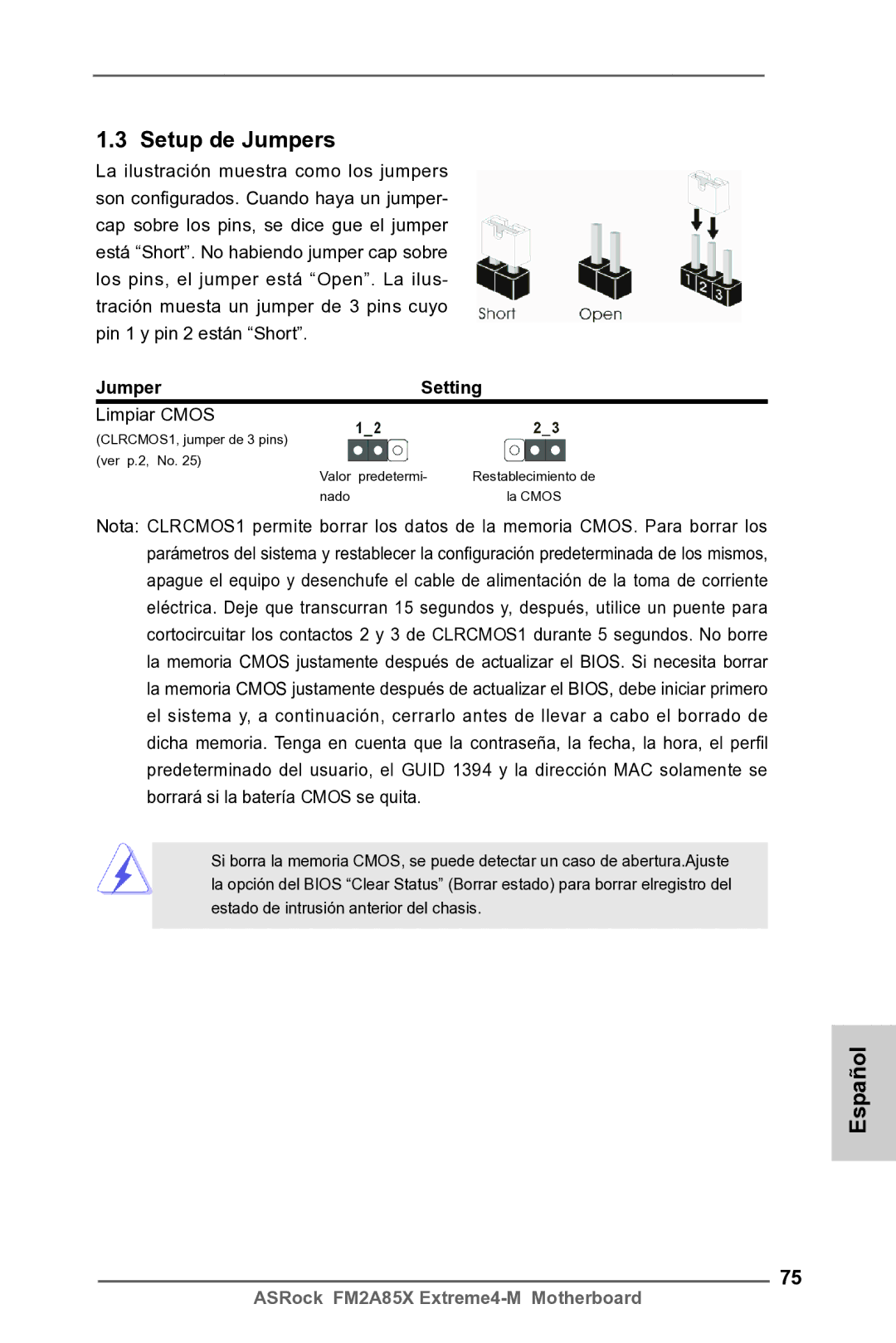 ASRock FM2A85X Extreme4-M manual Setup de Jumpers, Jumper Setting, Limpiar Cmos 