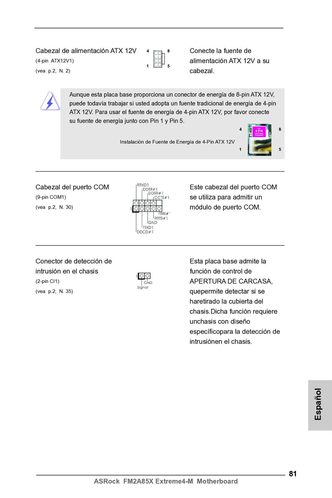 ASRock FM2A85X Extreme4-M manual Cabezal de alimentación ATX 12V 