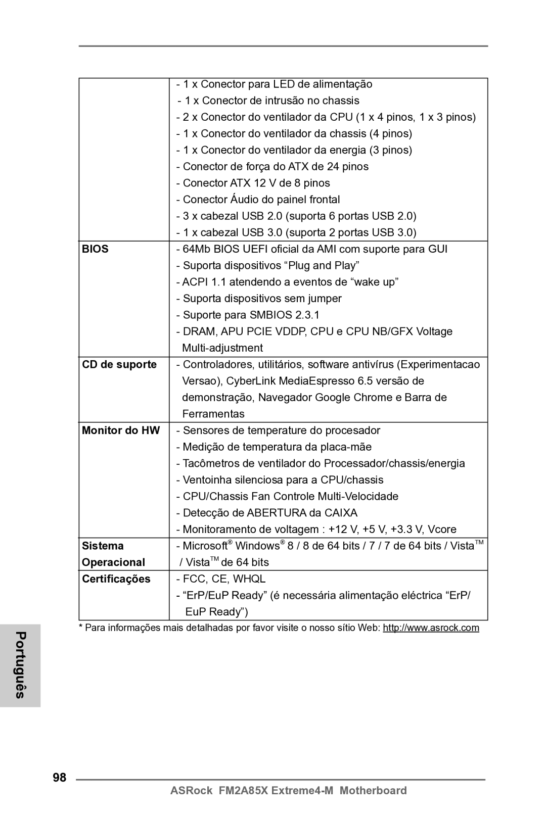 ASRock FM2A85X Extreme4-M manual CD de suporte, Monitor do HW, Sistema, Operacional, Certificações 