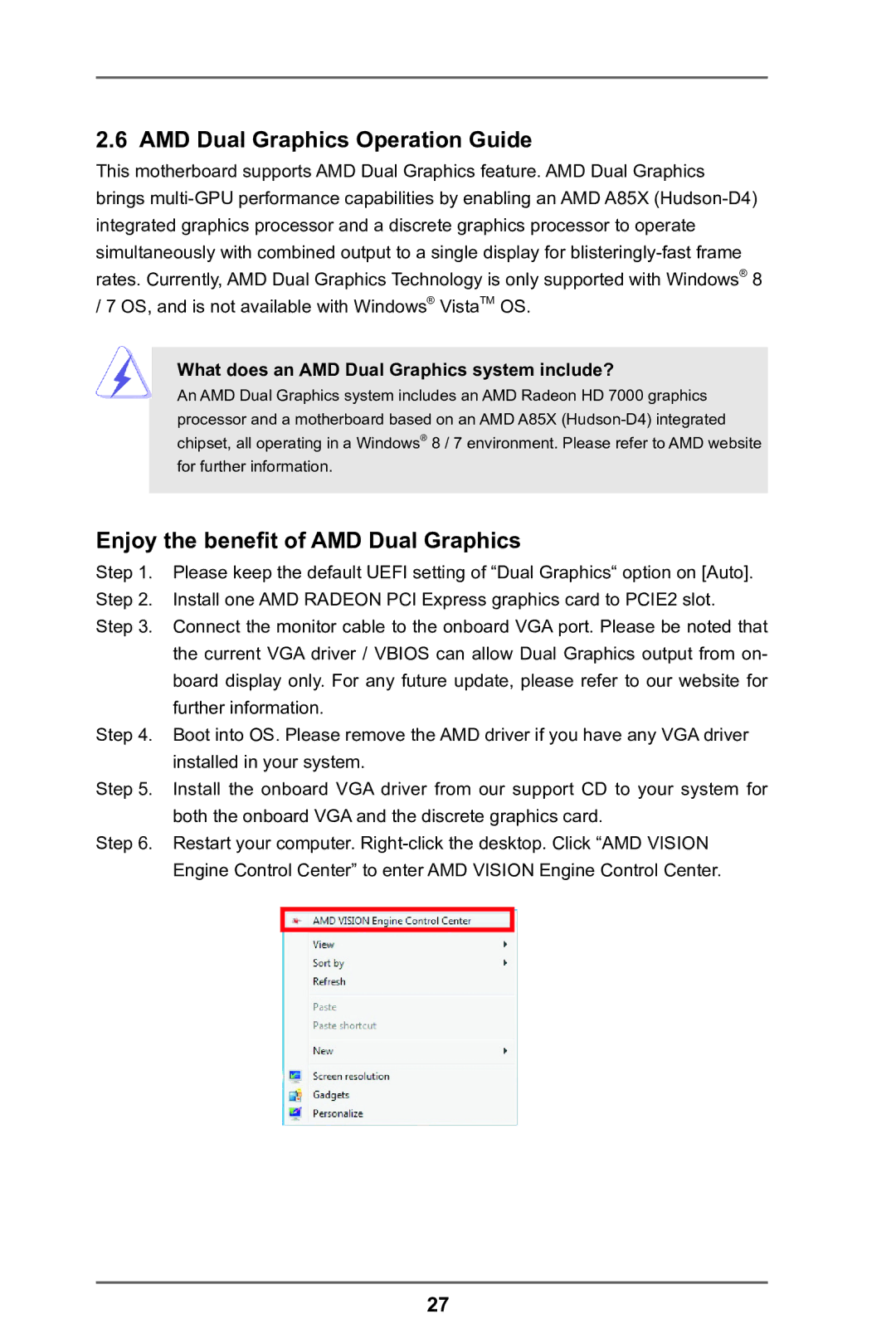 ASRock FM2A85X Extreme4 manual AMD Dual Graphics Operation Guide, Enjoy the benefit of AMD Dual Graphics 