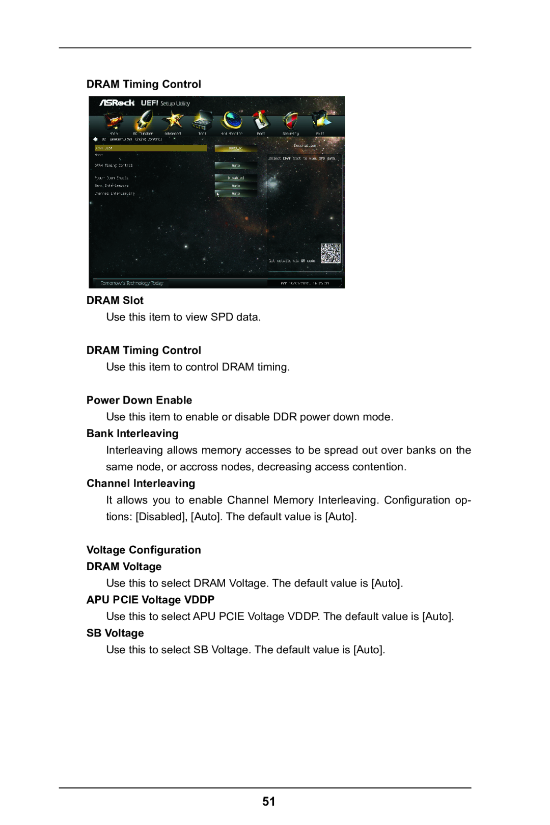 ASRock FM2A85X Extreme4 manual Dram Timing Control Dram Slot, Power Down Enable, Bank Interleaving, Channel Interleaving 