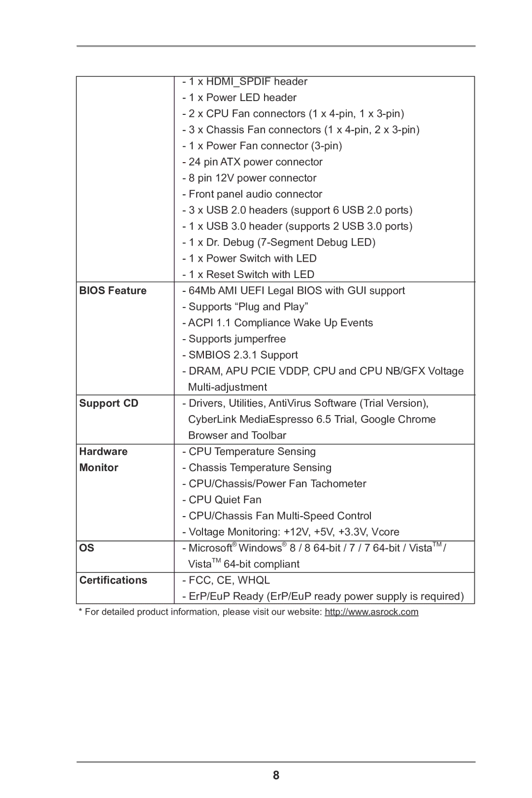 ASRock FM2A85X Extreme4 manual Bios Feature, Support CD, Hardware, Monitor, Certifications 