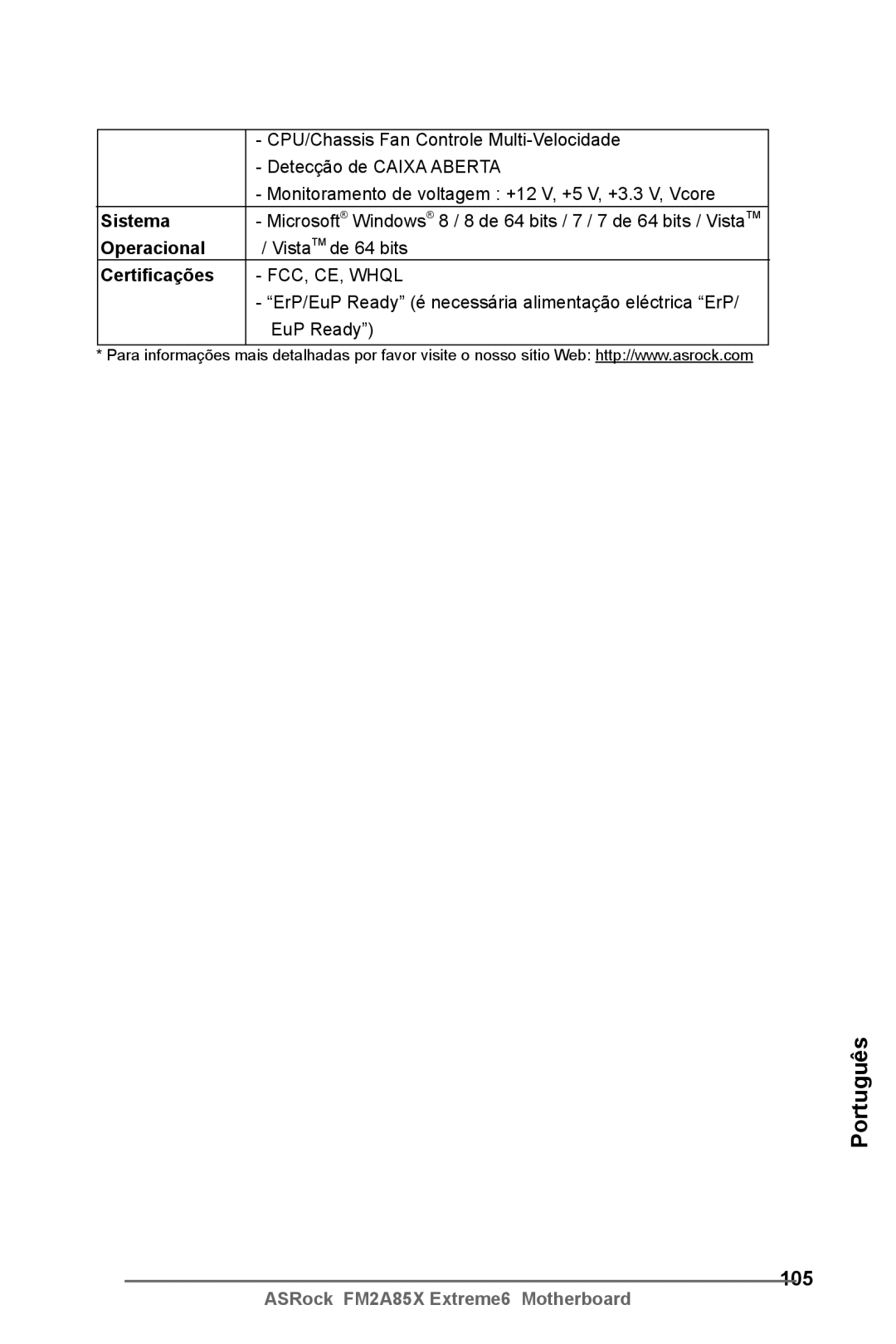 ASRock FM2A85X Extreme6 manual 105, Sistema, Operacional, Certificações 