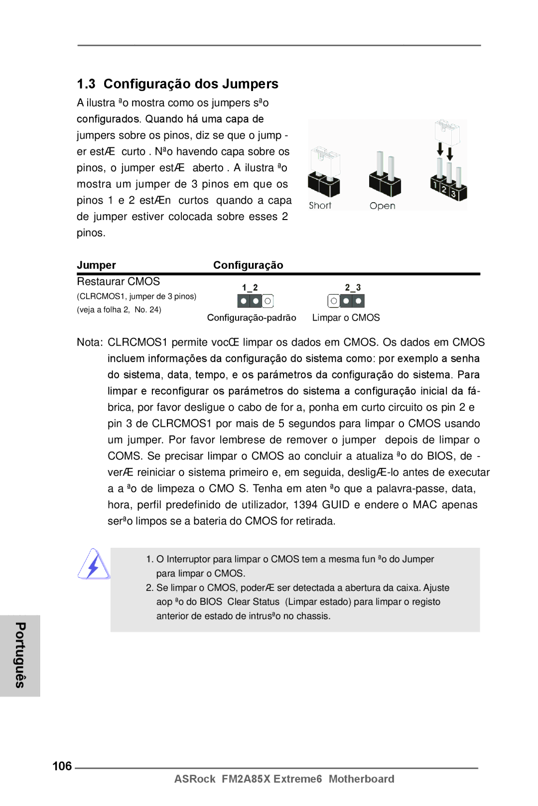 ASRock FM2A85X Extreme6 manual Configuração dos Jumpers, 106, JumperConfiguração, Restaurar Cmos 