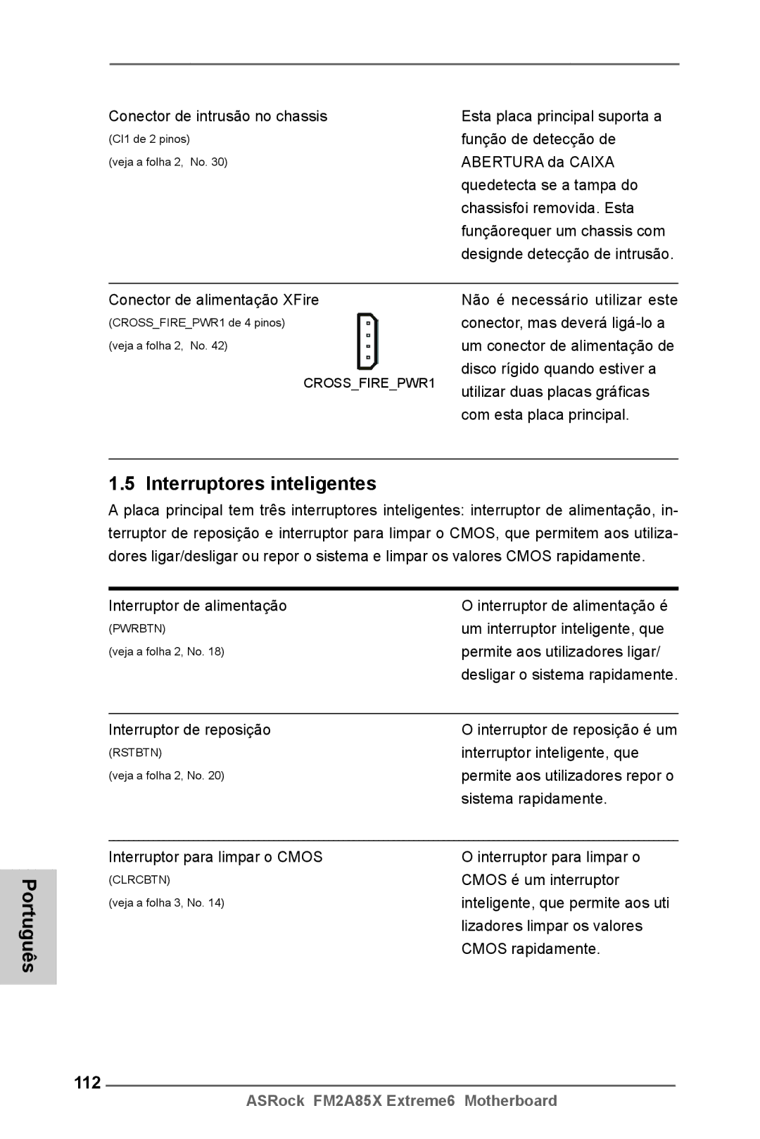 ASRock FM2A85X Extreme6 manual Português Interruptores inteligentes, 112 