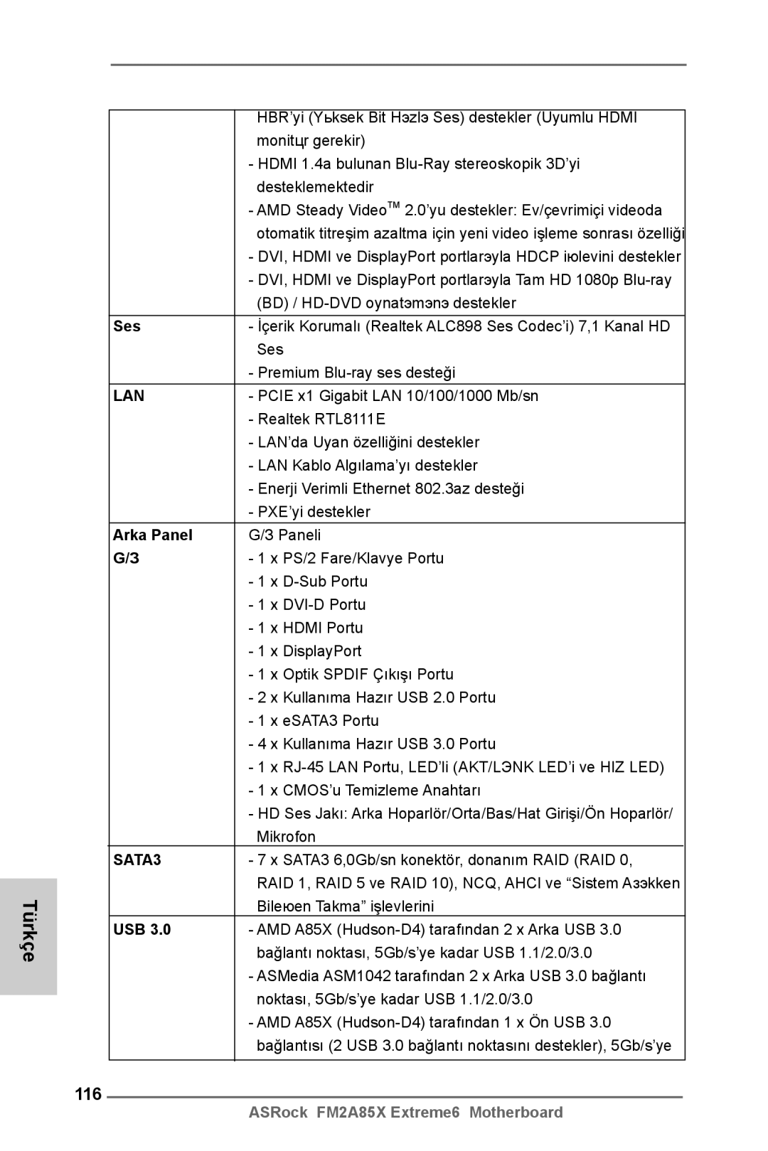 ASRock FM2A85X Extreme6 manual 116, Ses, Arka Panel 