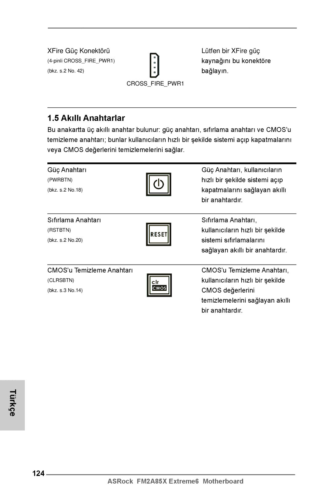 ASRock FM2A85X Extreme6 manual Akıllı Anahtarlar, 124 