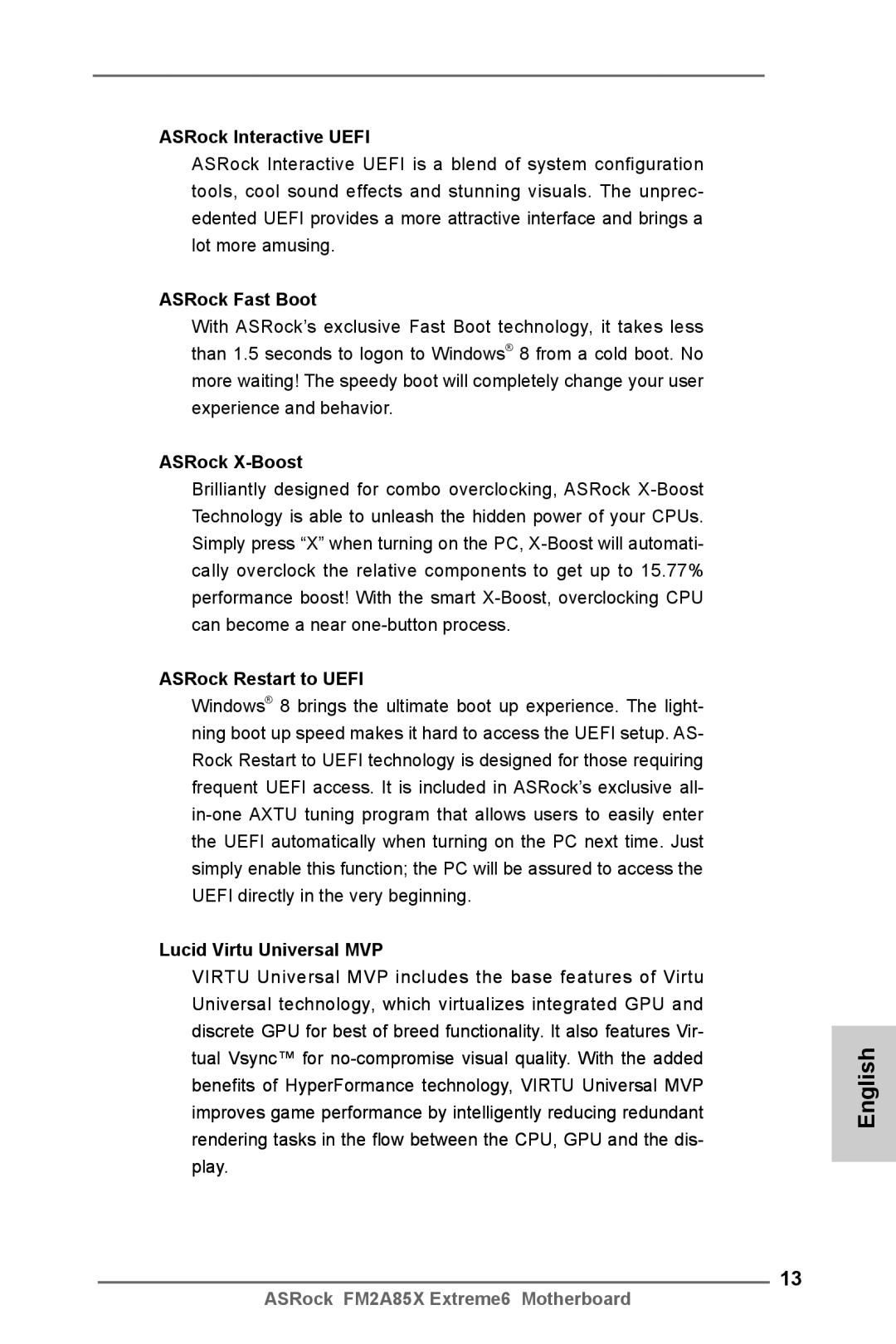 ASRock FM2A85X Extreme6 manual ASRock Interactive Uefi, ASRock Fast Boot, ASRock X-Boost, ASRock Restart to Uefi 
