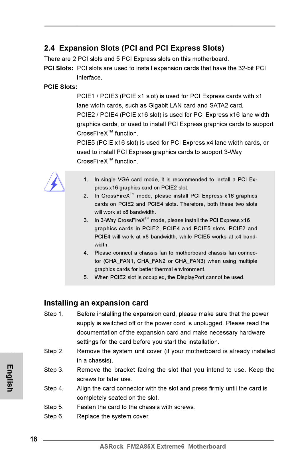 ASRock FM2A85X Extreme6 manual English Expansion Slots PCI and PCI Express Slots, Installing an expansion card, Pcie Slots 