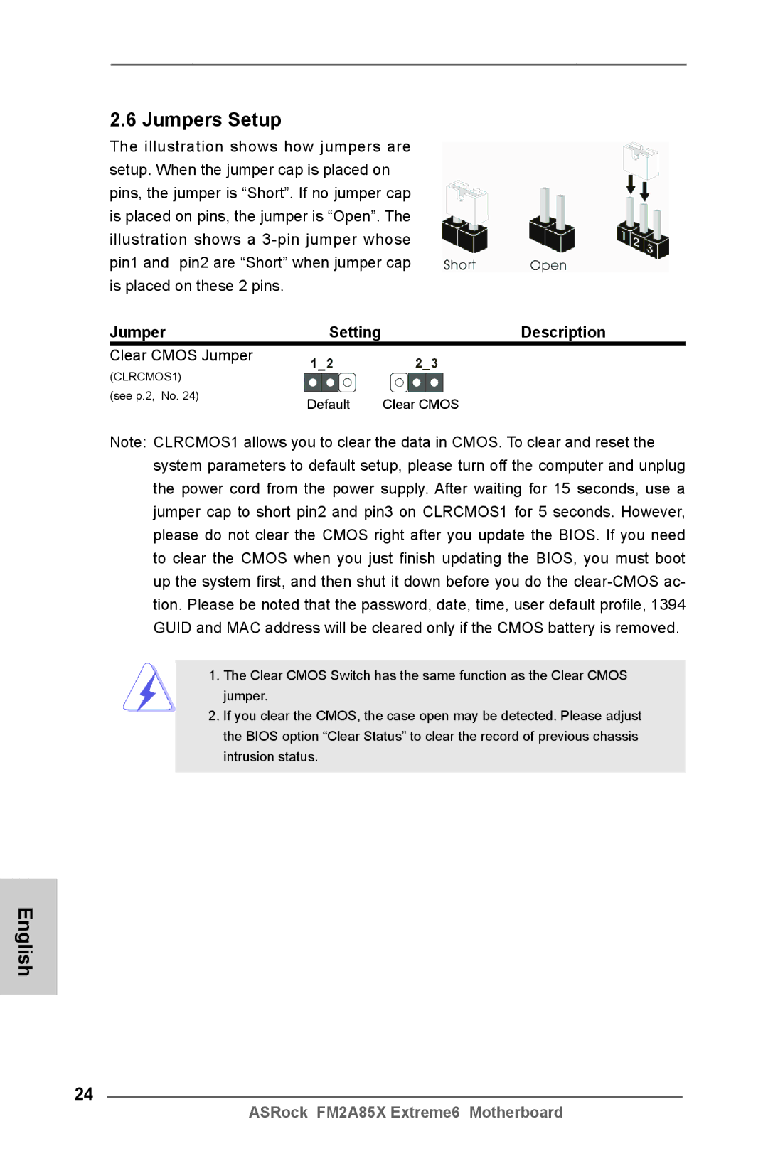 ASRock FM2A85X Extreme6 manual Jumpers Setup, Description, Clear Cmos Jumper 