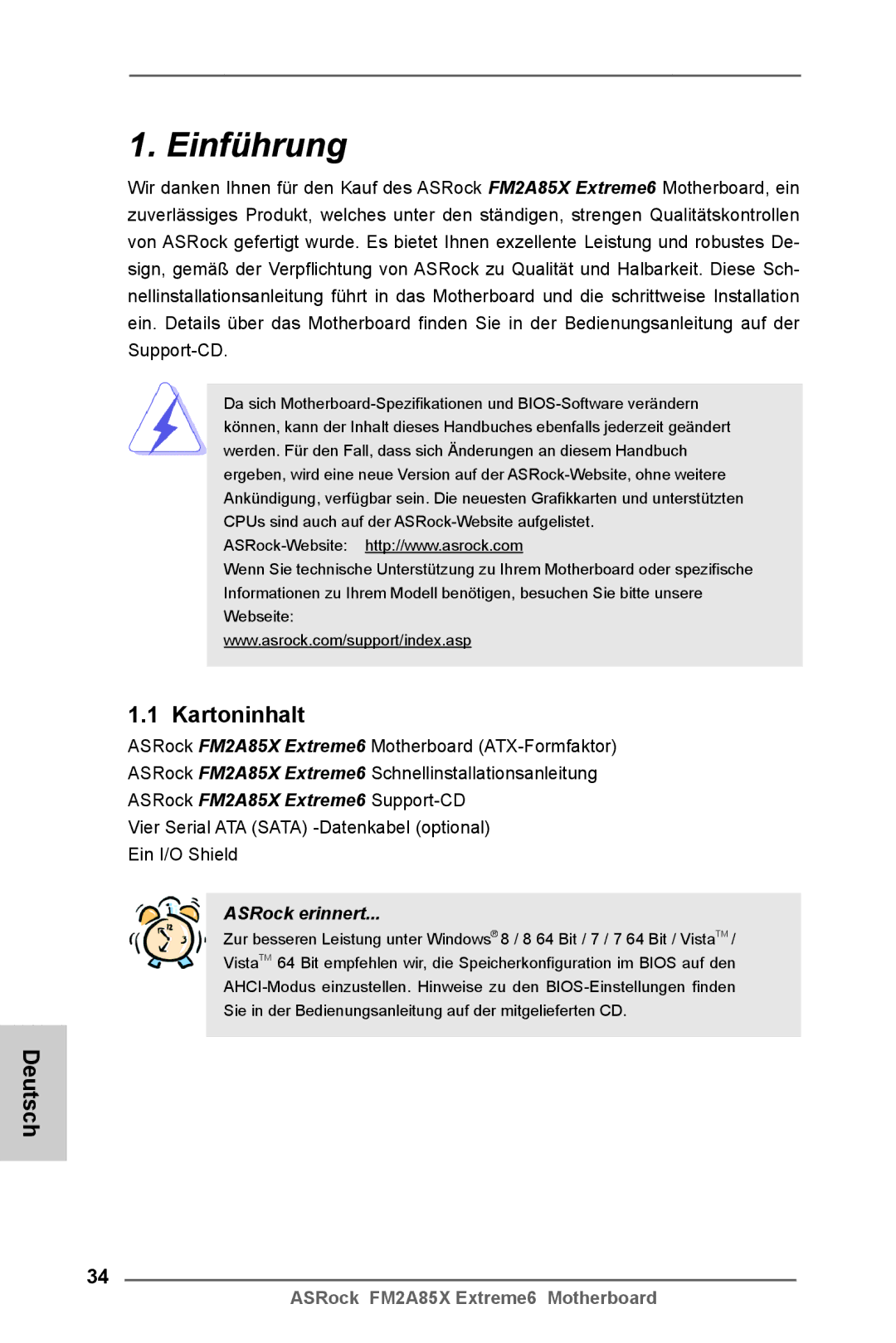 ASRock FM2A85X Extreme6 manual Einführung, Kartoninhalt, Deutsch 
