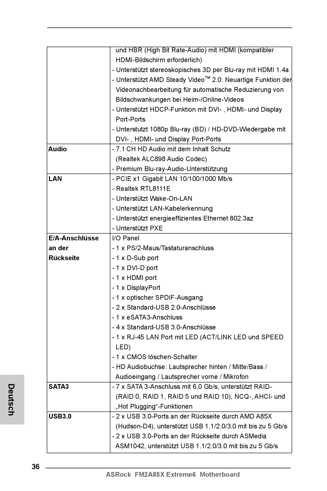 ASRock FM2A85X Extreme6 manual Anschlüsse, An der, Rückseite, USB3.0 