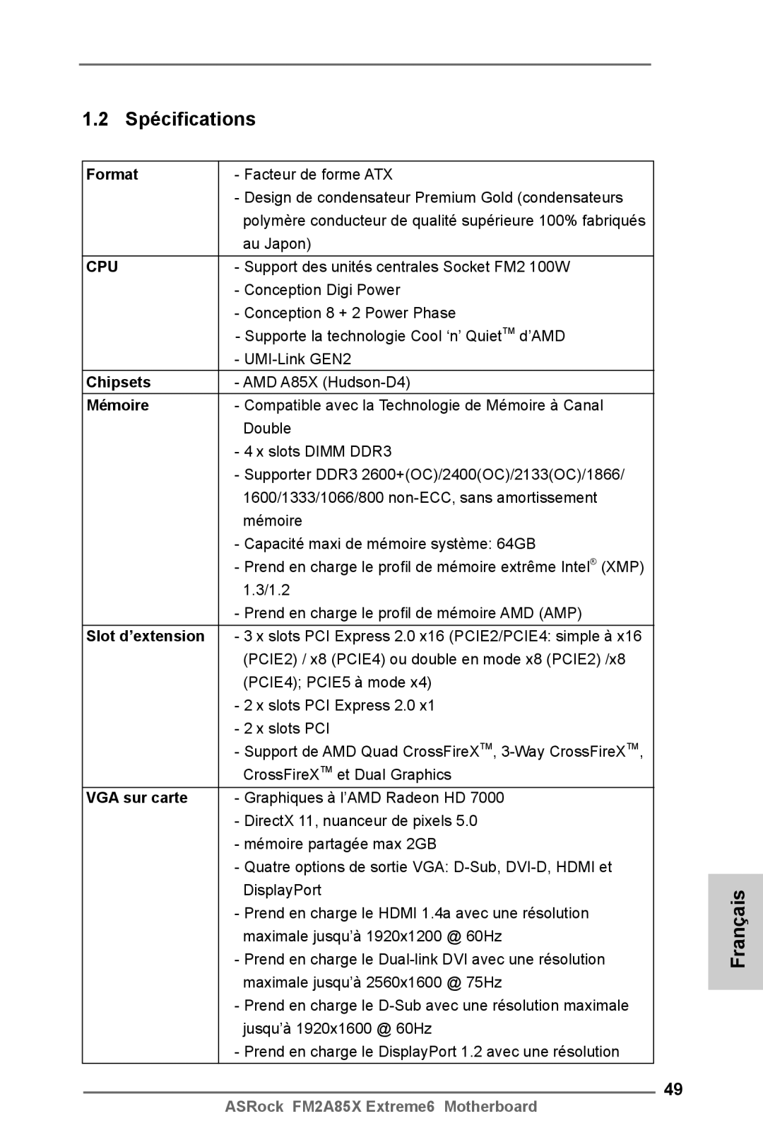 ASRock FM2A85X Extreme6 manual Spécifications 