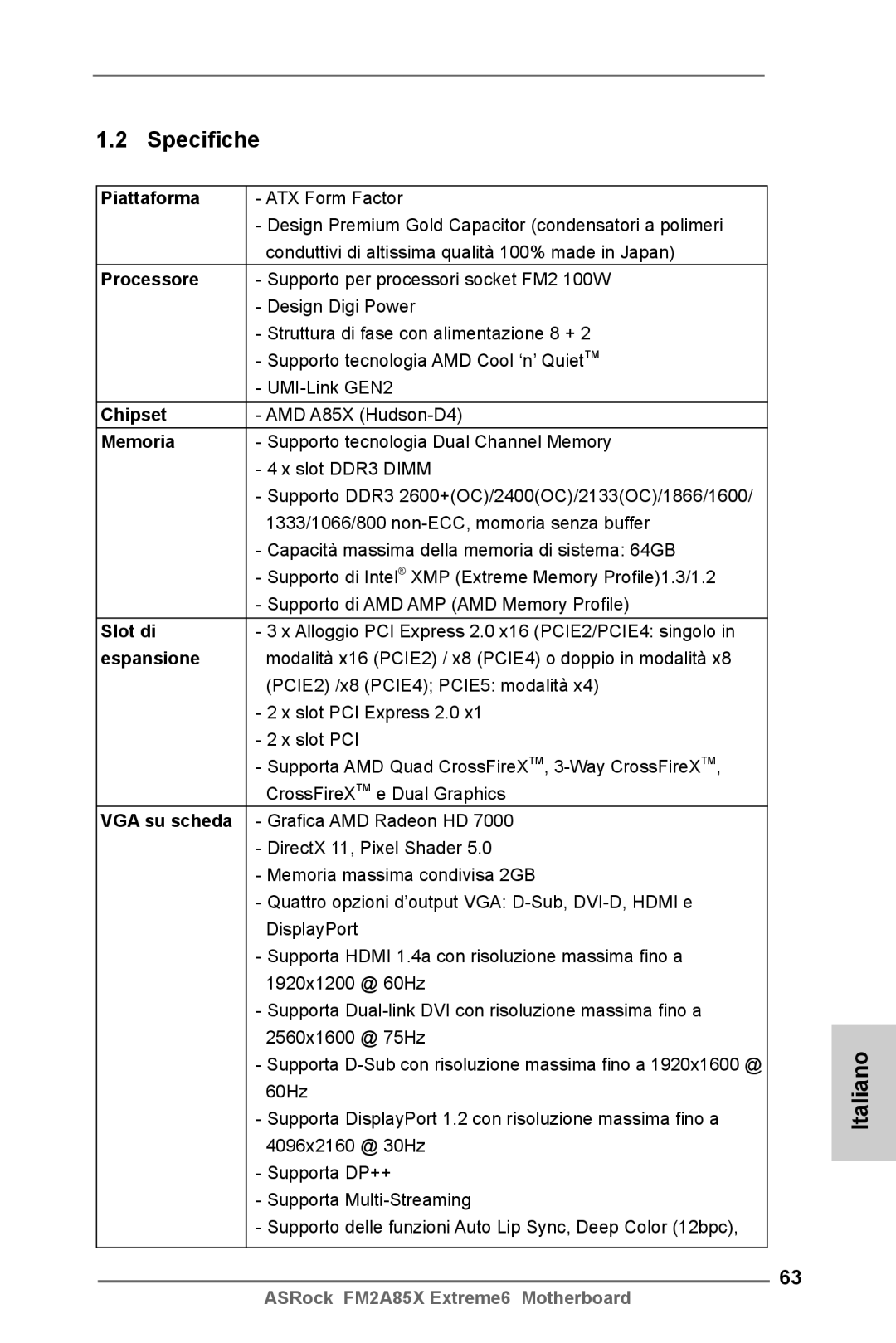 ASRock FM2A85X Extreme6 manual Specifiche 