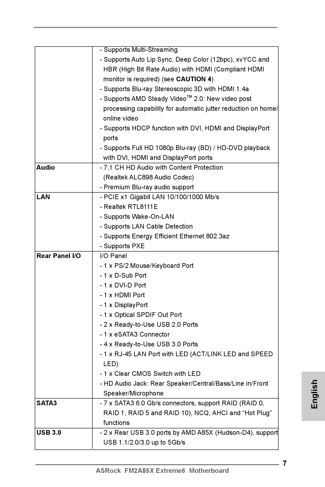 ASRock FM2A85X Extreme6 manual Audio, Rear Panel I/O, Usb 