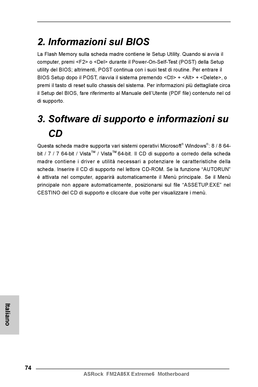 ASRock FM2A85X Extreme6 manual Informazioni sul Bios Software di supporto e informazioni su 