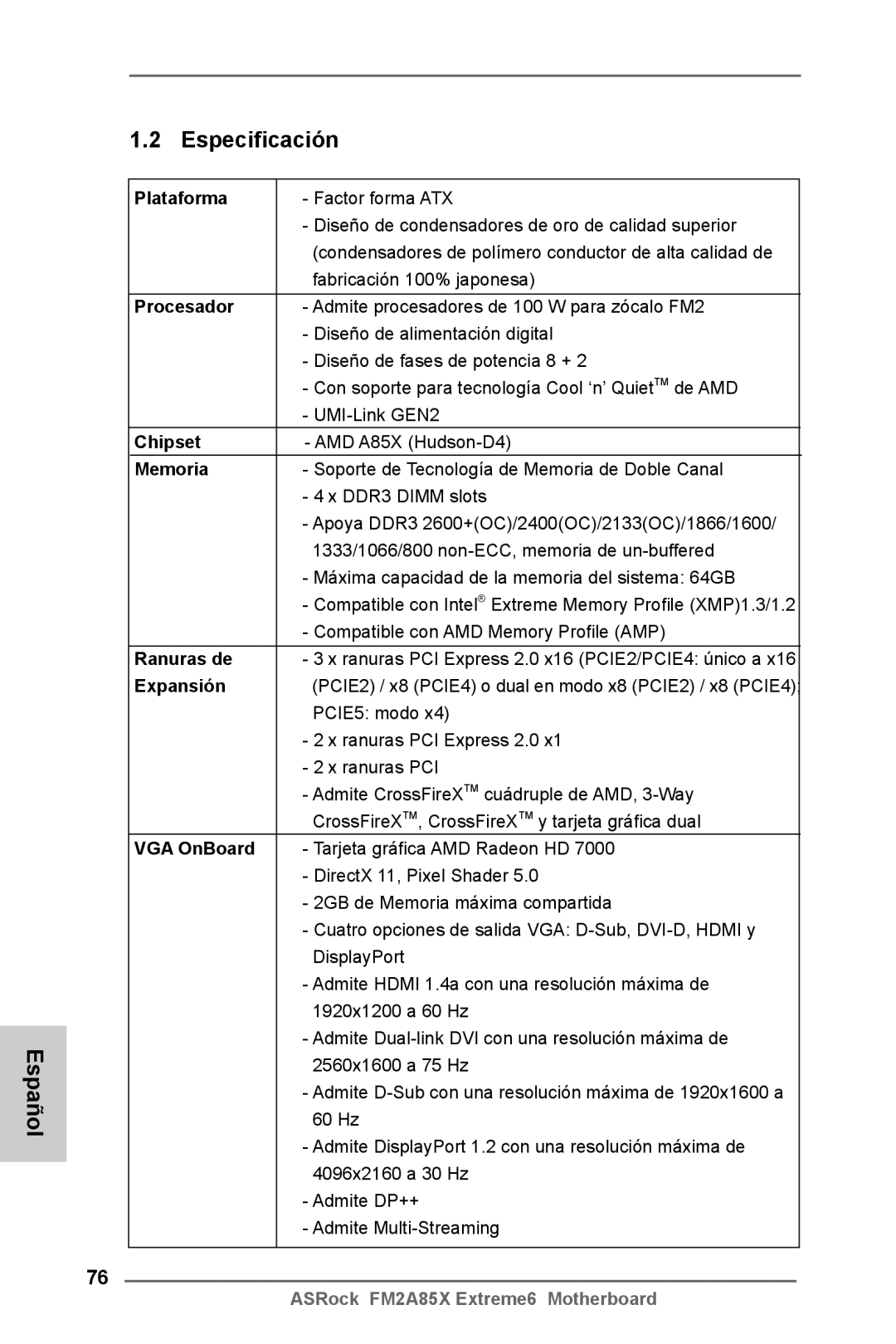 ASRock FM2A85X Extreme6 manual Español Especificación 