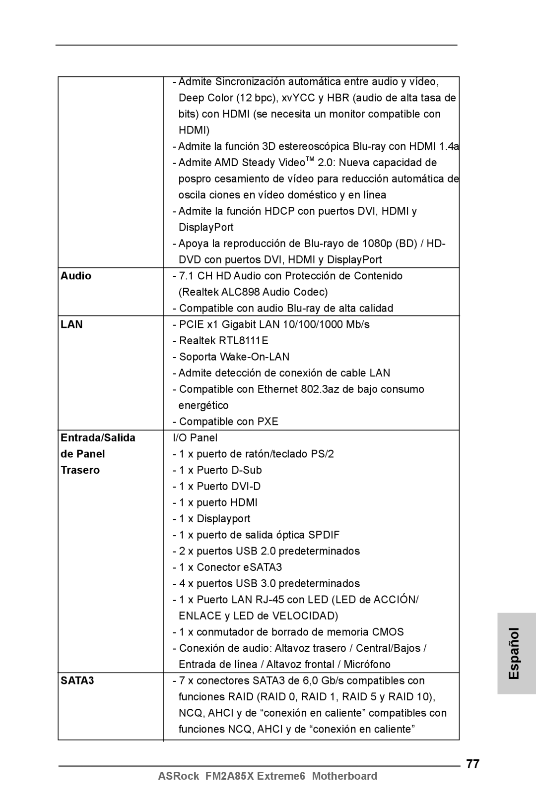 ASRock FM2A85X Extreme6 manual Admite AMD Steady Video TM 2.0 Nueva capacidad de, Entrada/Salida, De Panel, Trasero 