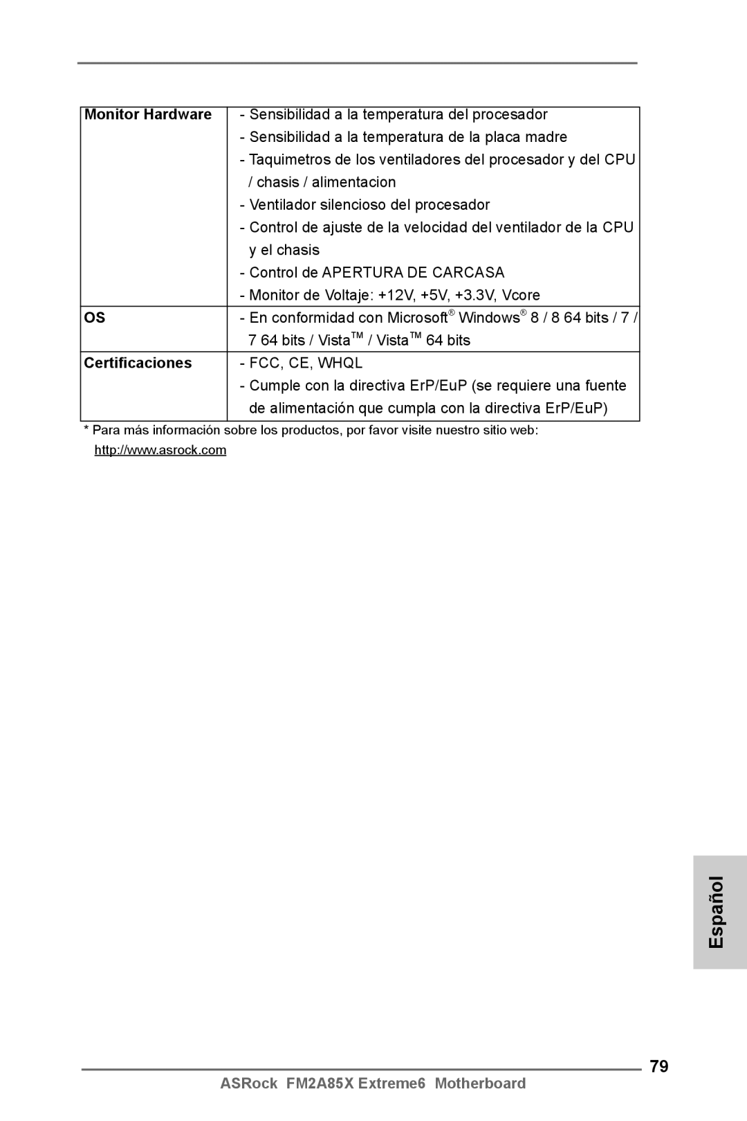 ASRock FM2A85X Extreme6 manual Monitor Hardware, Certificaciones 